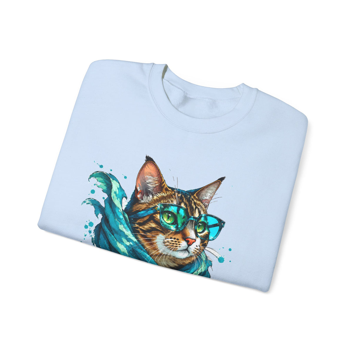 Tabby Cat in Glasses and Scarf Crewneck Sweatshirt Cool Hipster Cat Teal Splash Art