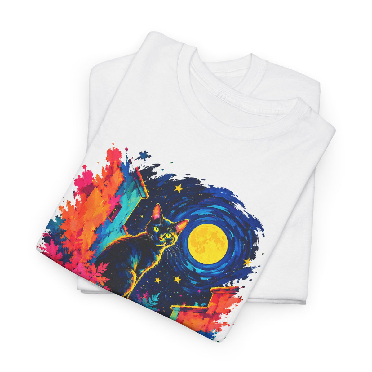 Black Cat on Moonlit Stairs T-Shirt Swirling Night Sky Yellow Moon Colorful Cat Art Tee
