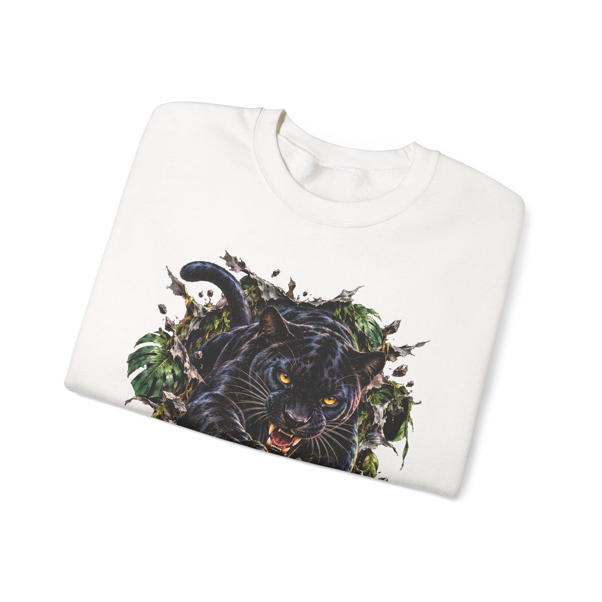 Black Jaguar Sweatshirt Snarling Big Cat Jungle Leaves Crewneck