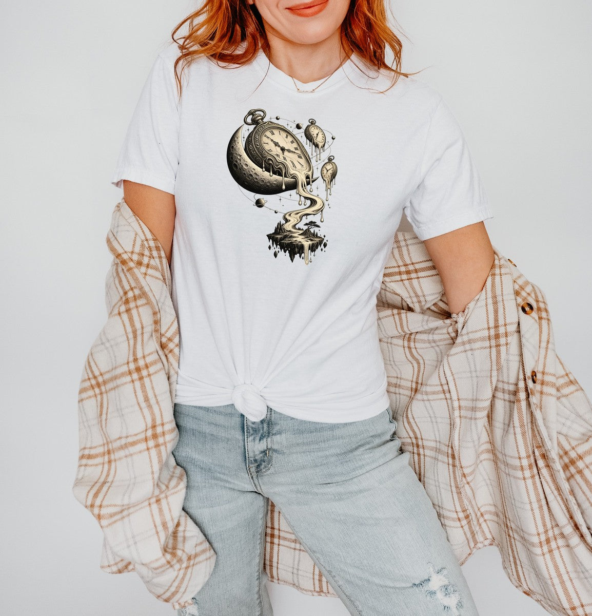 Melting Pocket Watch Crescent Moon Tee Surreal Celestial Tim - Comfort Colors tee closeup v4