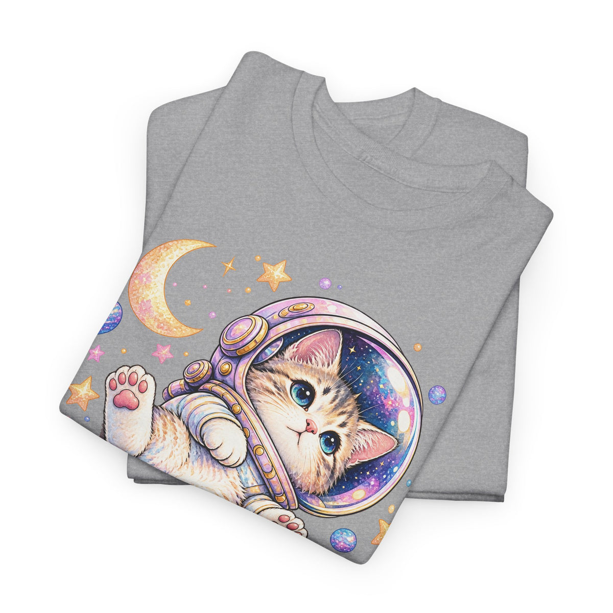 Astronaut Kitten T-Shirt, Cute Pastel Space Cat Helmet Moon Planets Stars Graphic Tee Unisex