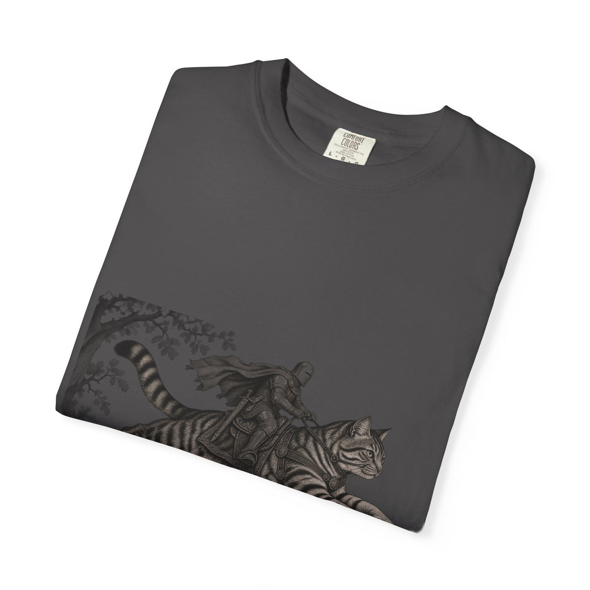 Medieval Knight Riding Leaping Tabby Cat Tee Dark Fantasy Moonlit Cat Shirt