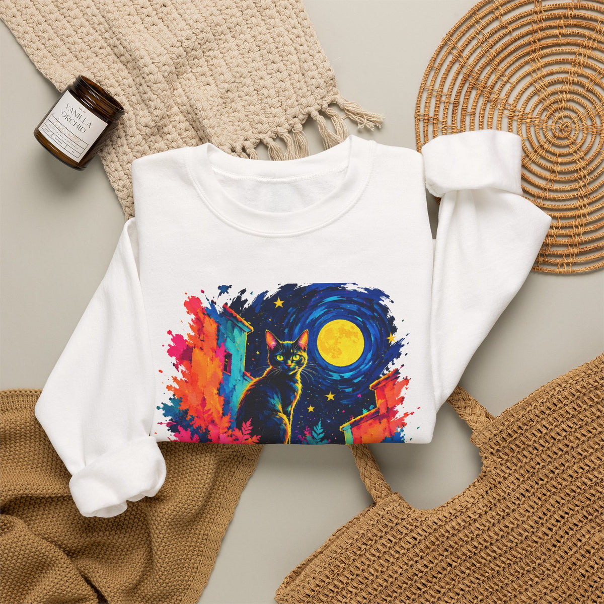 Black Cat on Moonlit Stairs Sweatshirt Swirling Night Sky Yellow Moon Colorful Cat Art Crewneck