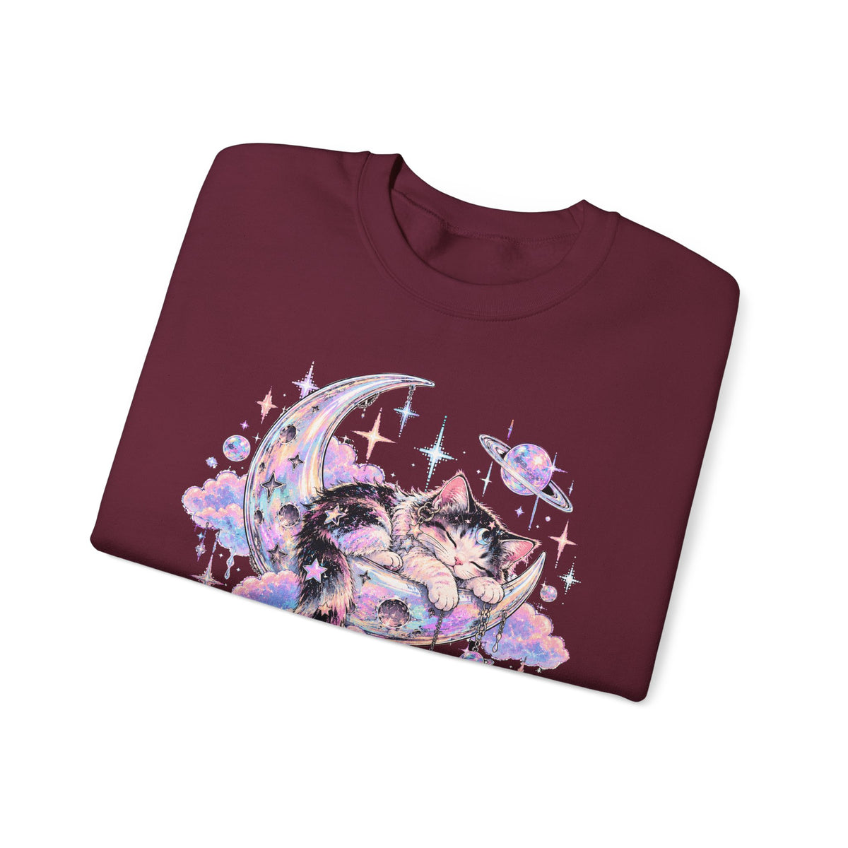 Sleeping Cat on Crescent Moon Sweatshirt Pastel Kawaii Celestial Kitten Crewneck