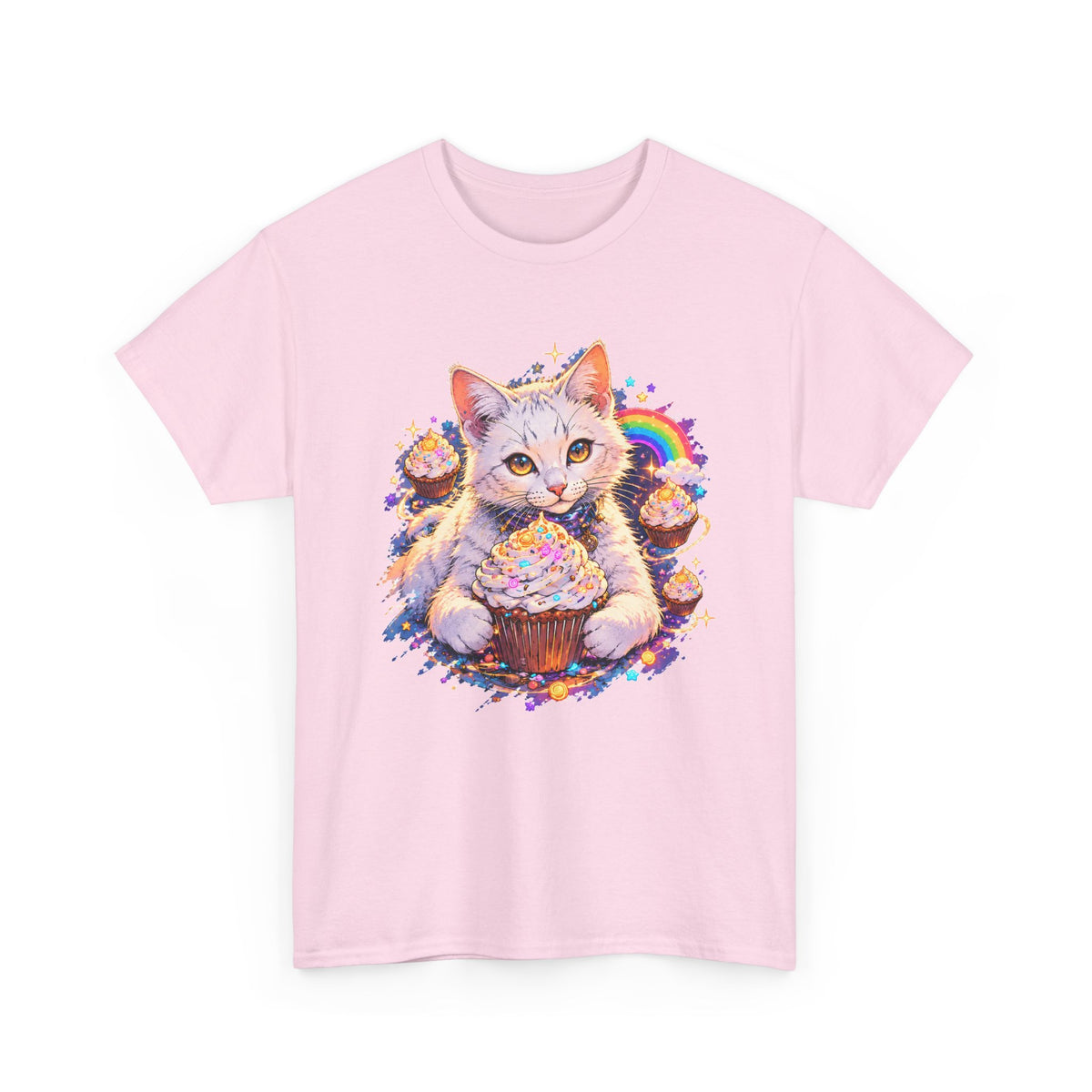 Birthday Cat Cupcake T-Shirt Cute White Kitten Rainbow Sprinkles Party Art