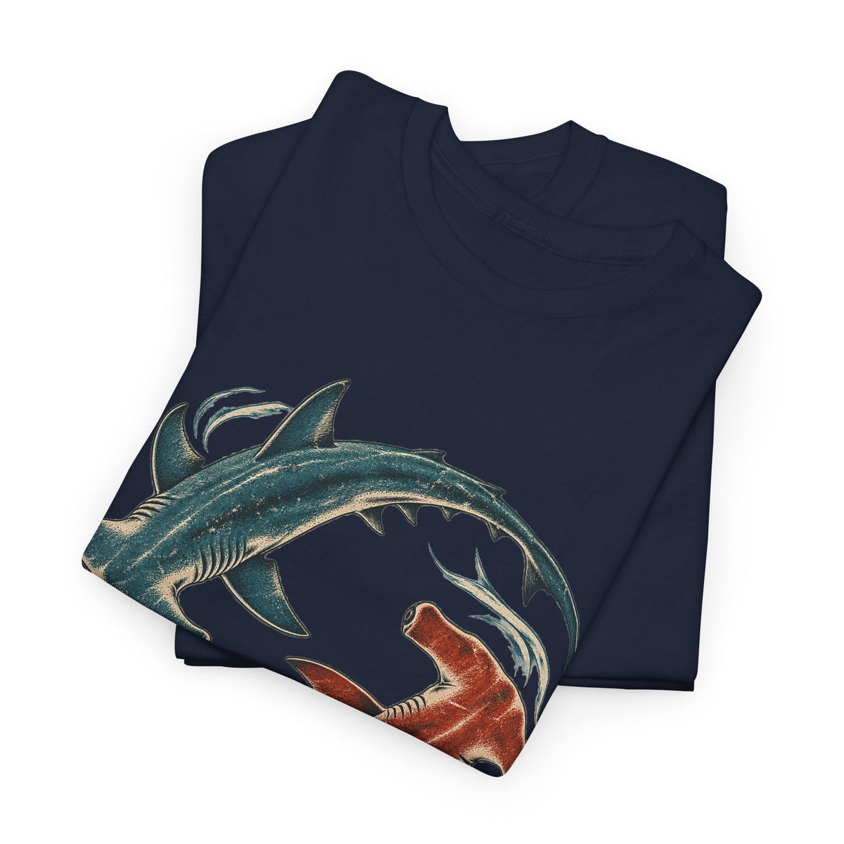 Twin Hammerhead Sharks T-Shirt Teal Orange Yin Yang Ocean Tee