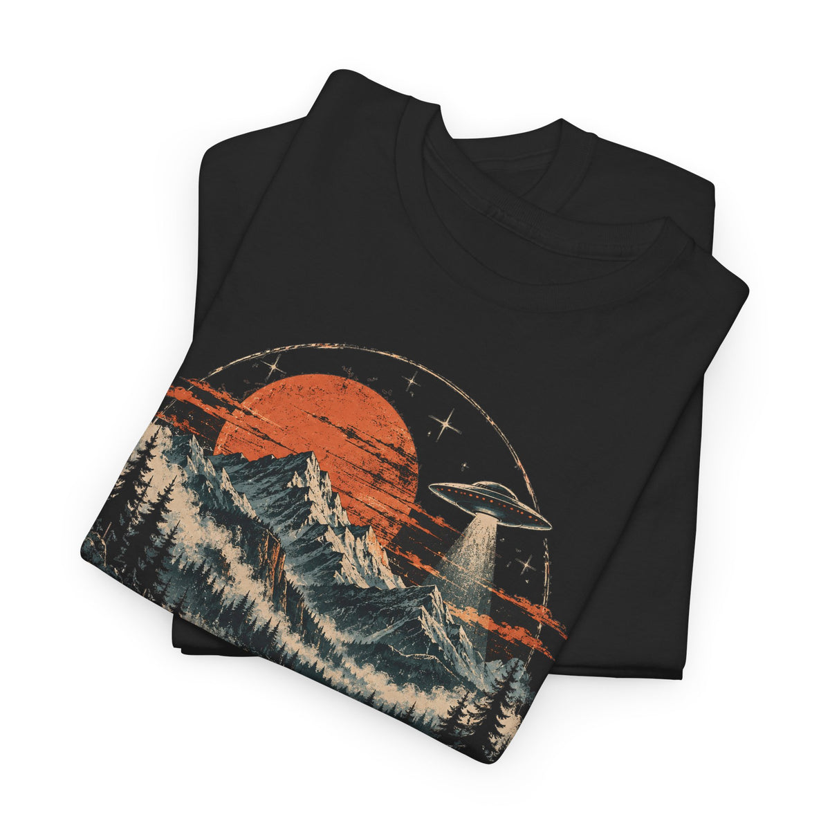 UFO Mountain Lake T-Shirt Flying Saucer Orange Moon Alien Graphic Tee