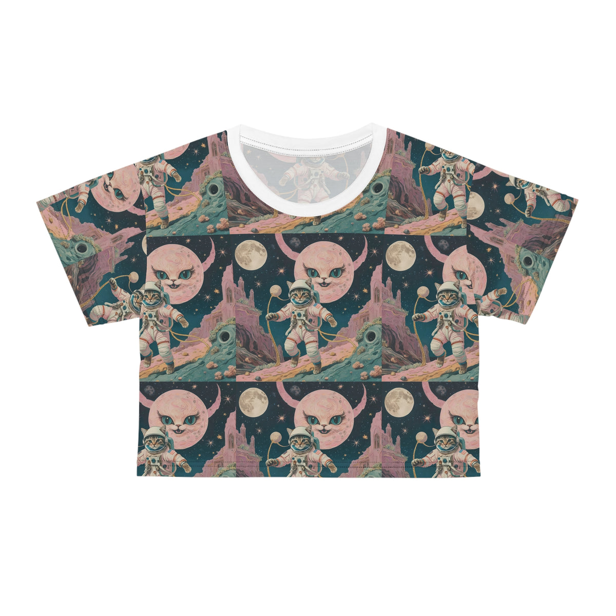 Astronaut Cat Pink Moon Face Crop Top Womens All Over Print Crop Tee
