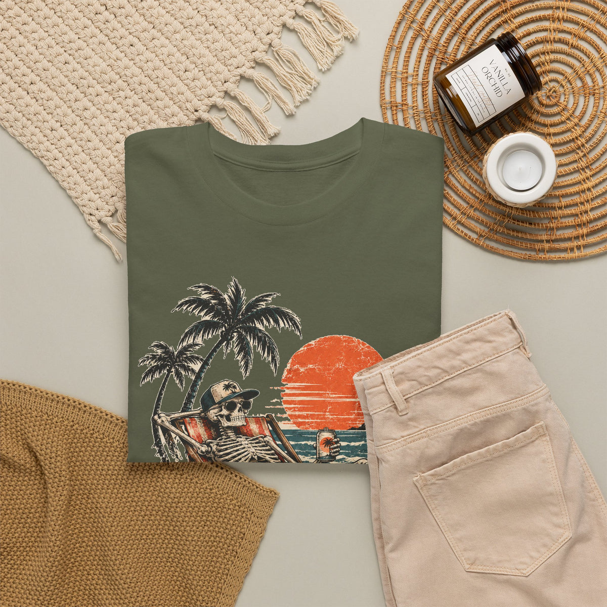 Beach Skeleton Sunset T-Shirt Palm Trees Vacation Mode Funny Skeleton Graphic Tee