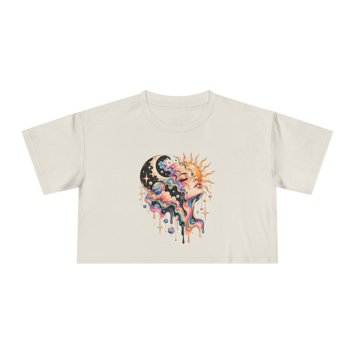 Celestial Sun and Moon Woman Crop Tee, Pastel Cloud Hair Melting Drip Planets Stars Women's Cropped T-Shirt