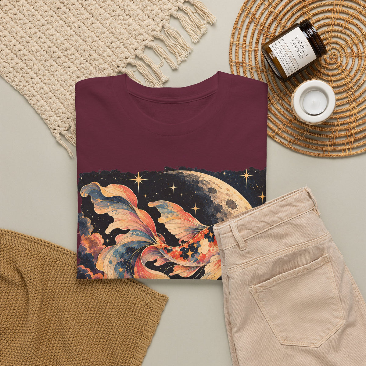 Koi Fish Moon T-Shirt Celestial Koi Night Sky Full Moon Graphic Tee Unisex