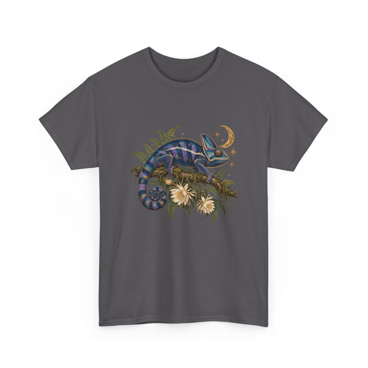 Night Bloom Chameleon T-Shirt Celestial Crescent Moon Ferns Reptile Tee