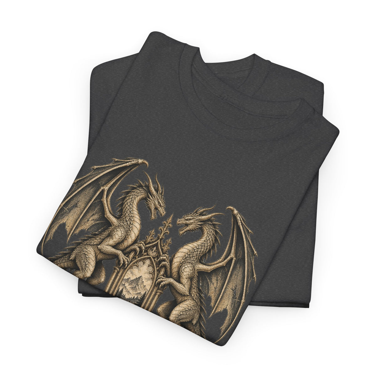 Twin Dragons Gate T-Shirt Fantasy Mountain Portal Dragon Tee