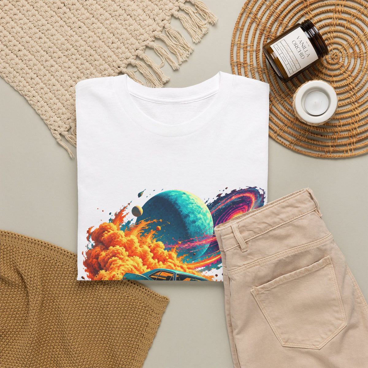 Cosmic Muscle Car Drift T-Shirt Teal Classic Car Orange Dust Planet Galaxy Art