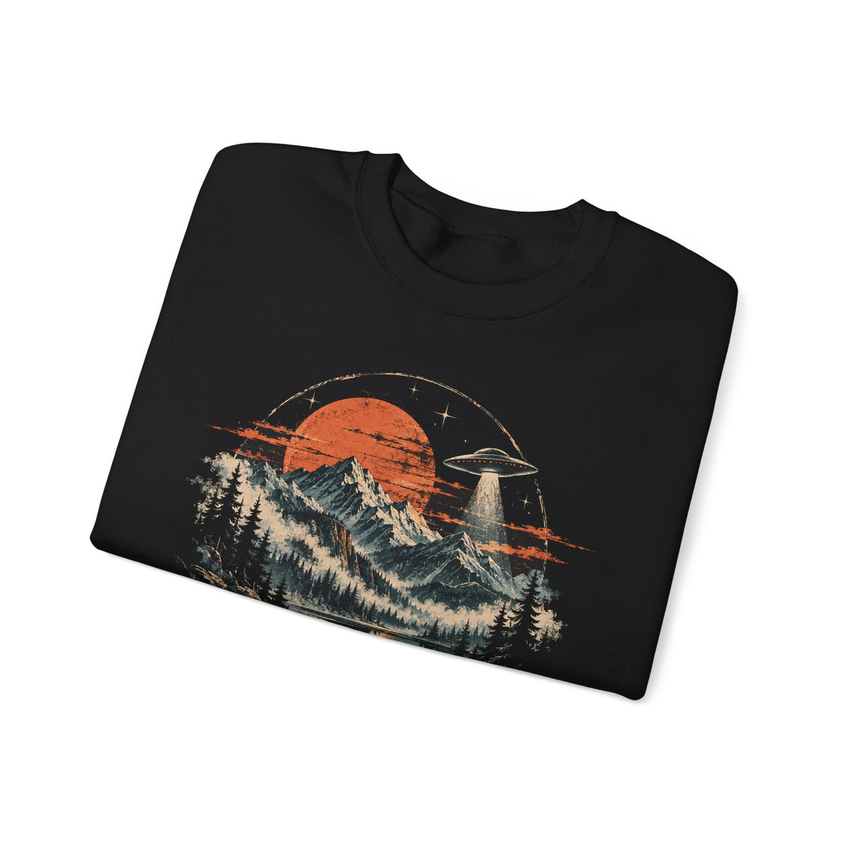 UFO Mountain Lake Sweatshirt Flying Saucer Orange Moon Alien Crewneck