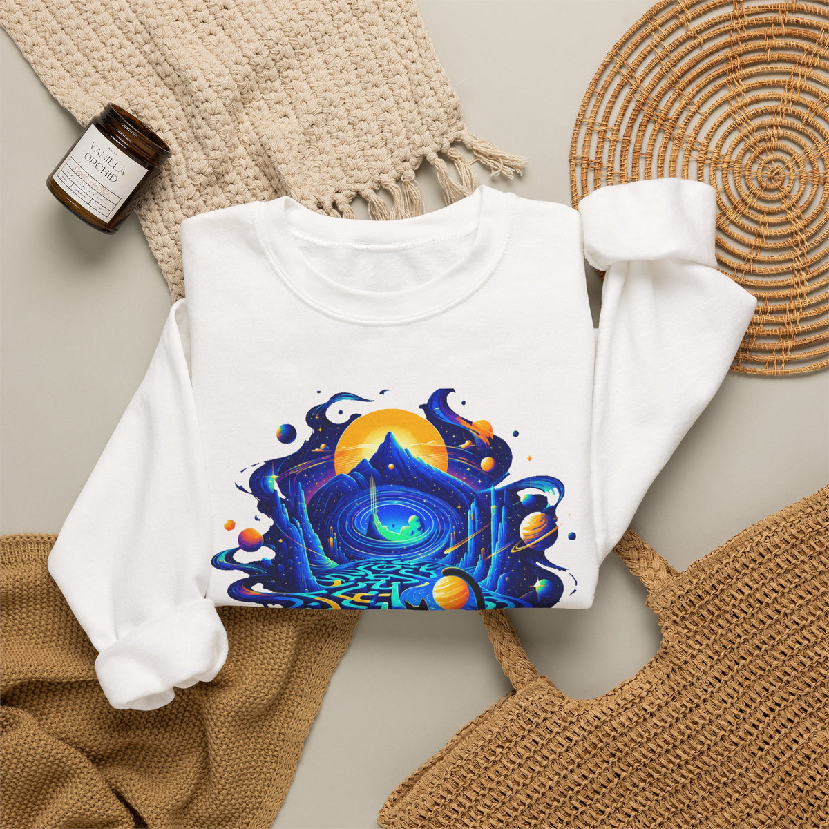 Cosmic Black Cat Maze Sweatshirt Celestial Galaxy Labyrinth Cat Lover Crewneck