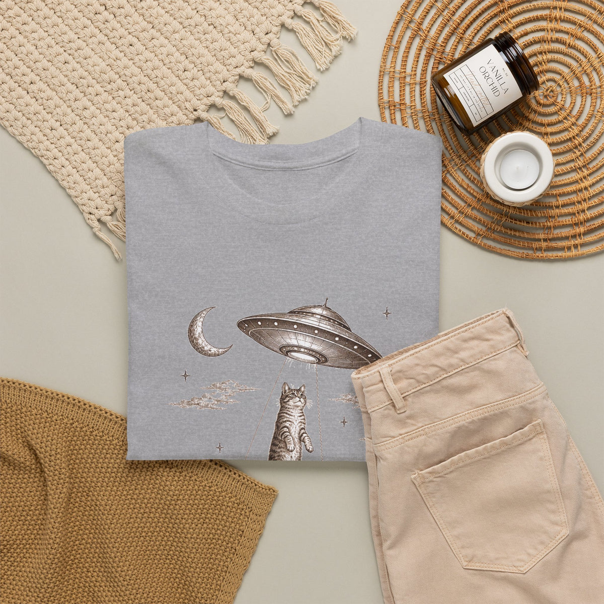 UFO Cat Abduction T-Shirt Sepia Desert Tabby Alien Beam Tee