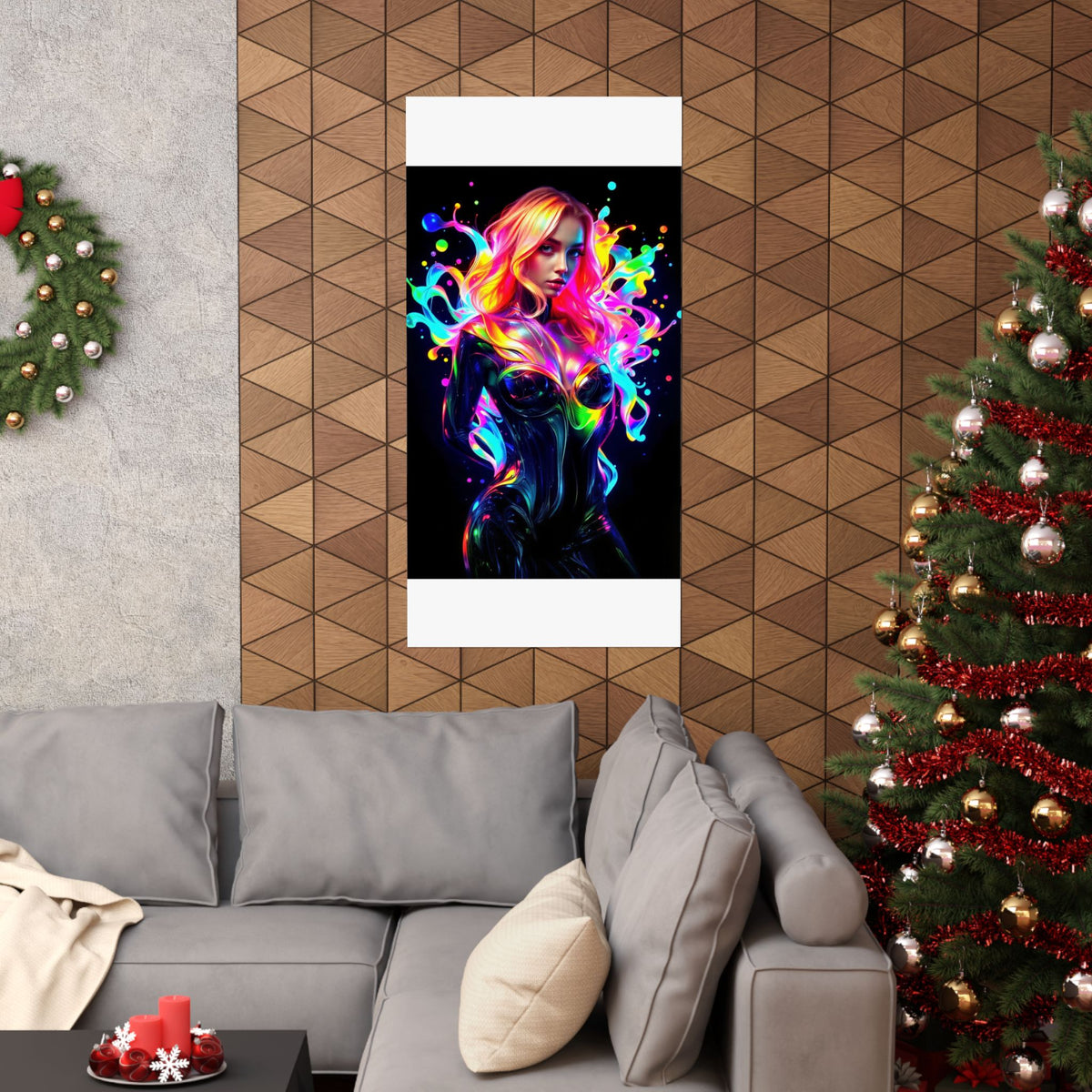 Neon Splash Rainbow Hair Woman Poster Matte Vertical Wall Art