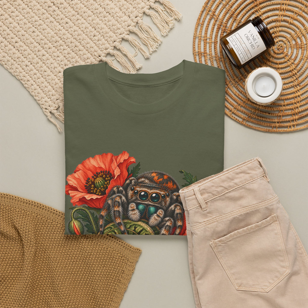 Jumping Spider Poppy Fern T-Shirt Botanical Arachnid Floral Tee