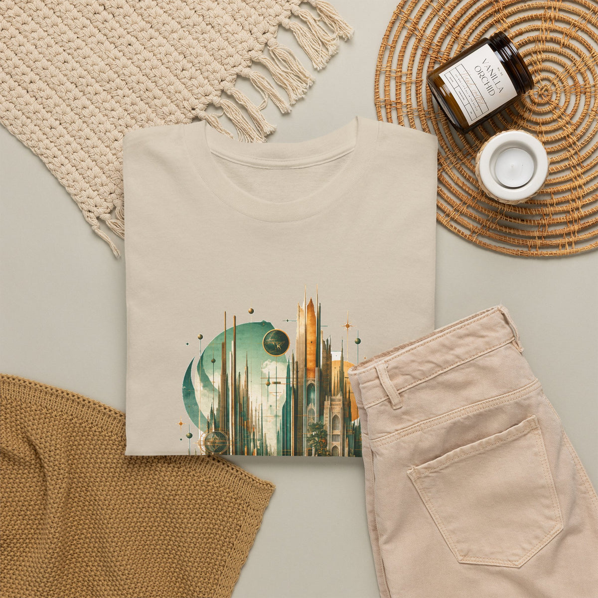 Art Deco Emerald City T-Shirt Gold Fantasy Skyline Roses Stairway Art