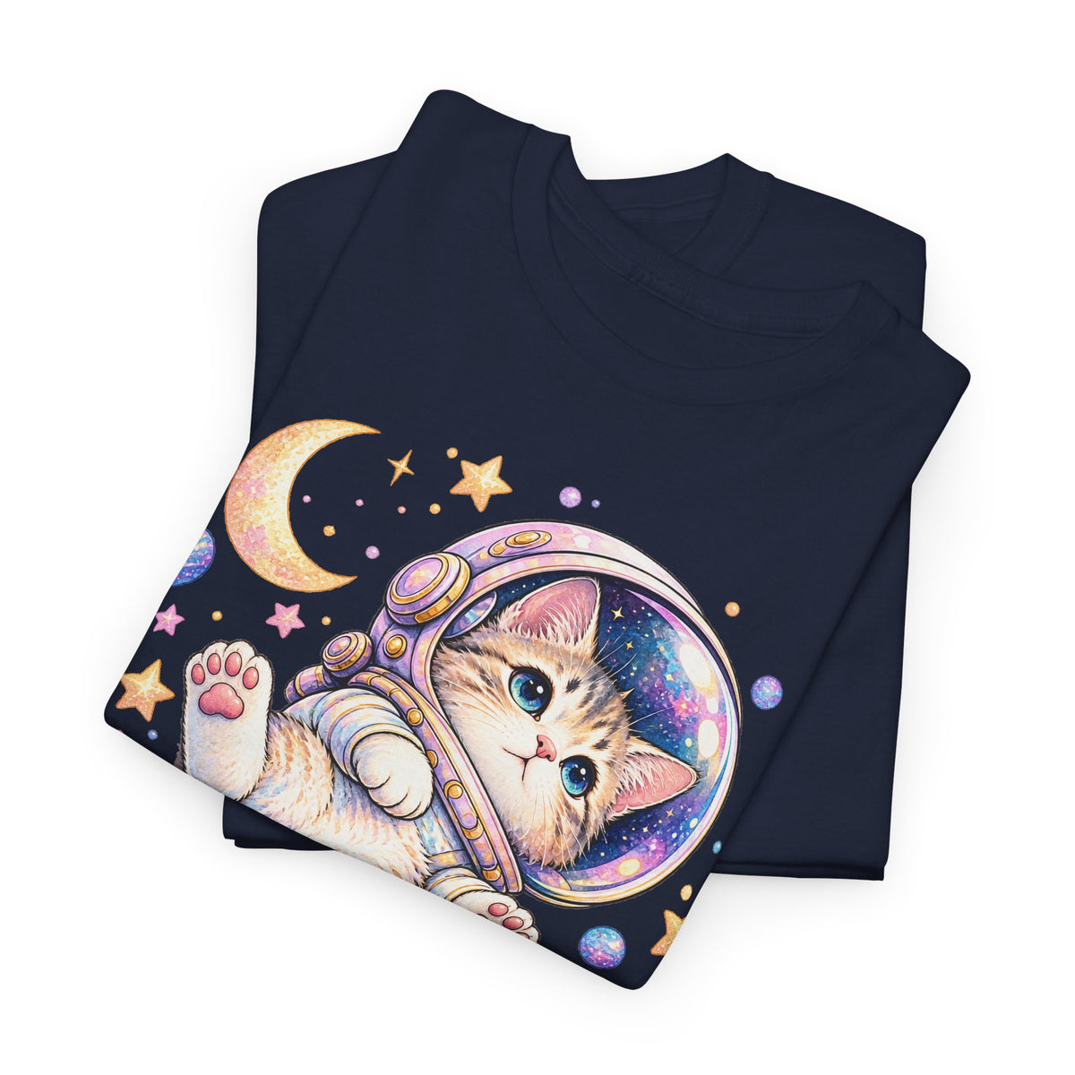 Astronaut Kitten T-Shirt, Cute Pastel Space Cat Helmet Moon Planets Stars Graphic Tee Unisex