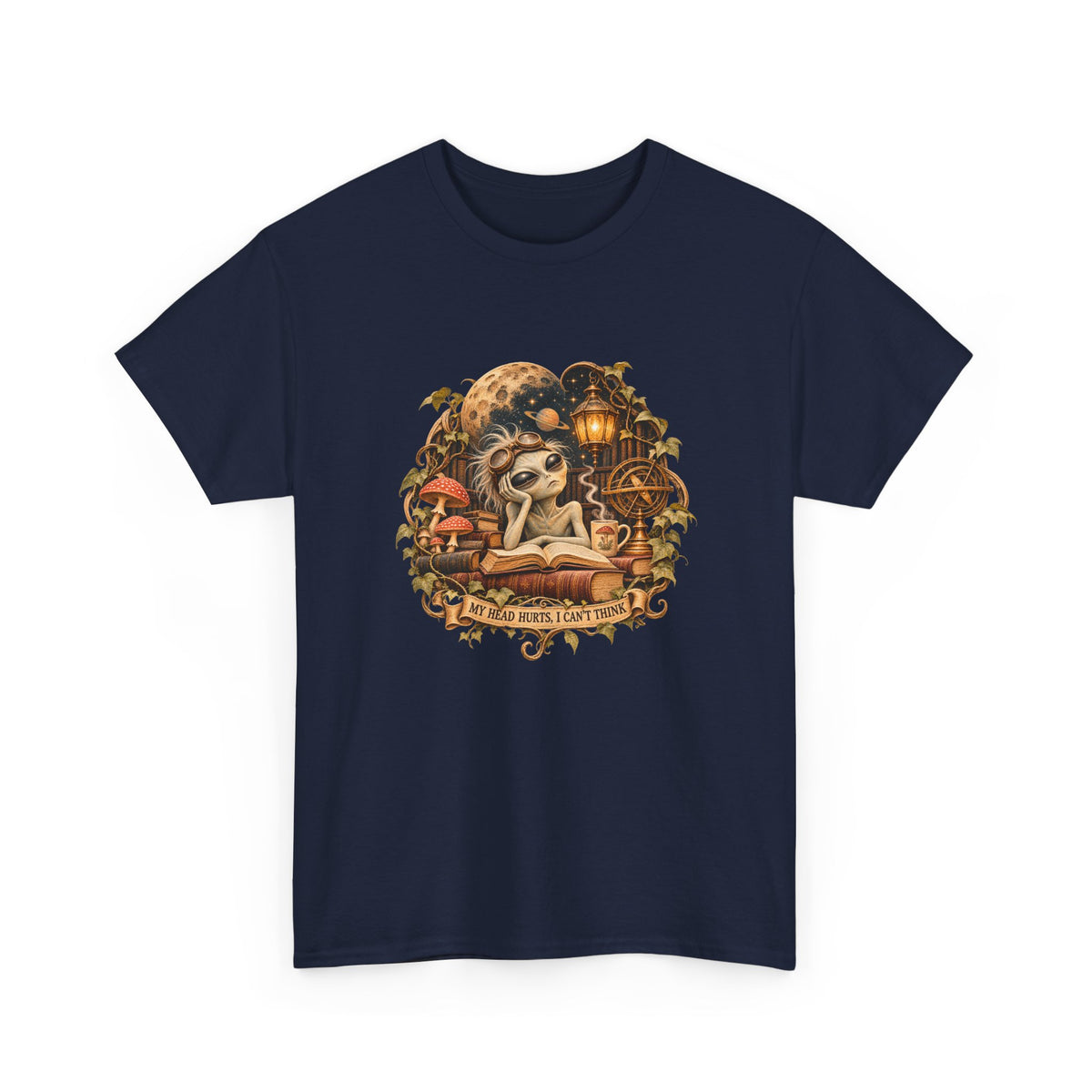 My Head Hurts I Can't Think T-Shirt Alien Scholar Books Funny Tee