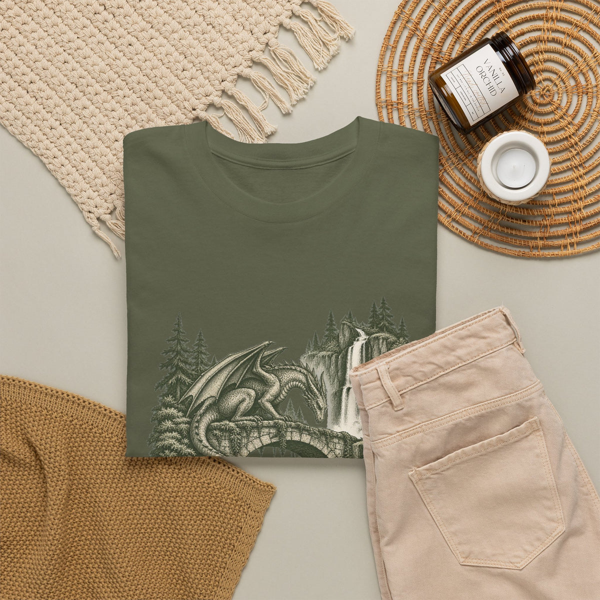 Dragon Forest Bridge T-Shirt Fantasy Waterfall Nature Dragon Tee