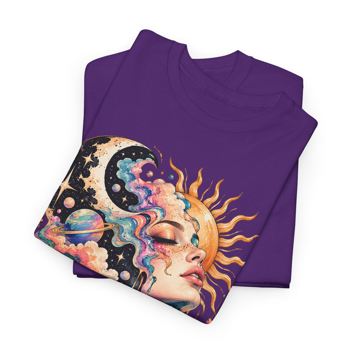 Celestial Sun and Moon Woman T-Shirt, Pastel Cloud Hair Melting Drip Planets Stars Graphic Tee Unisex