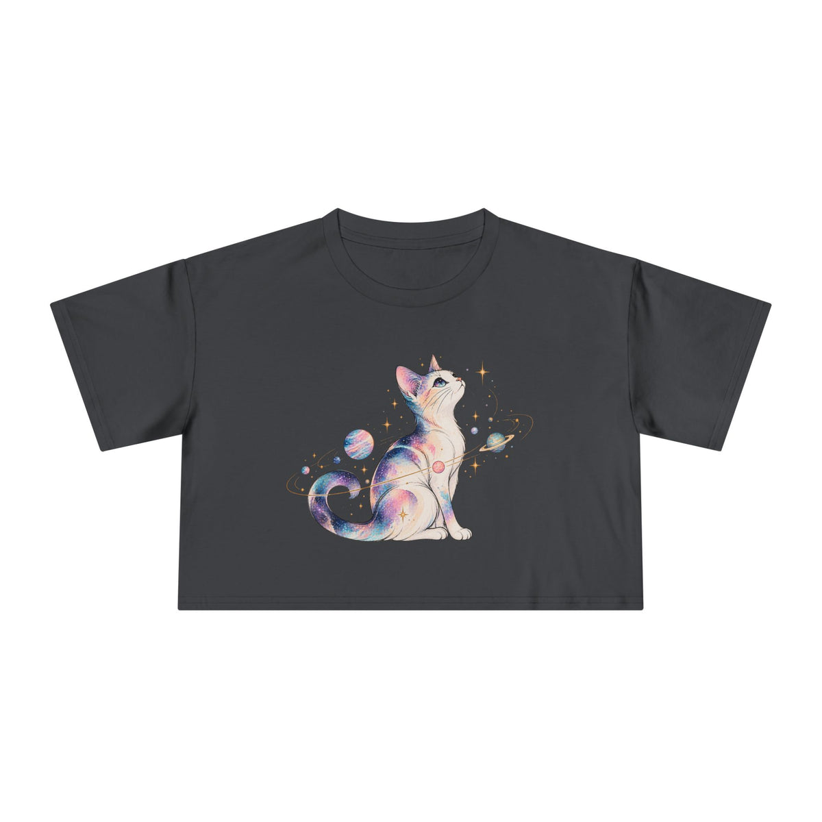 Cosmic Galaxy Cat Crop Tee, Pastel Watercolor Cat Planets Gold Stars Celestial Women's Cropped T-Shirt