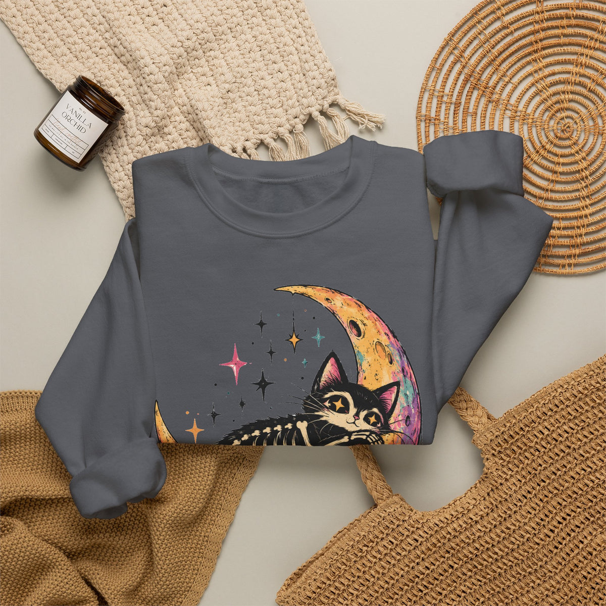 Skeleton Cat Moon Sweatshirt Pastel Goth Crescent Moon Black Cat Crewneck