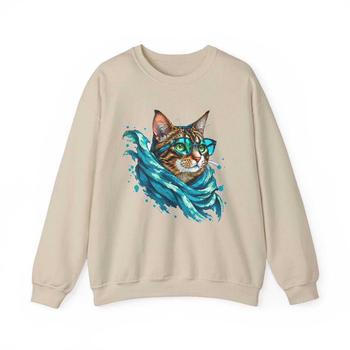 Tabby Cat in Glasses and Scarf Crewneck Sweatshirt Cool Hipster Cat Teal Splash Art