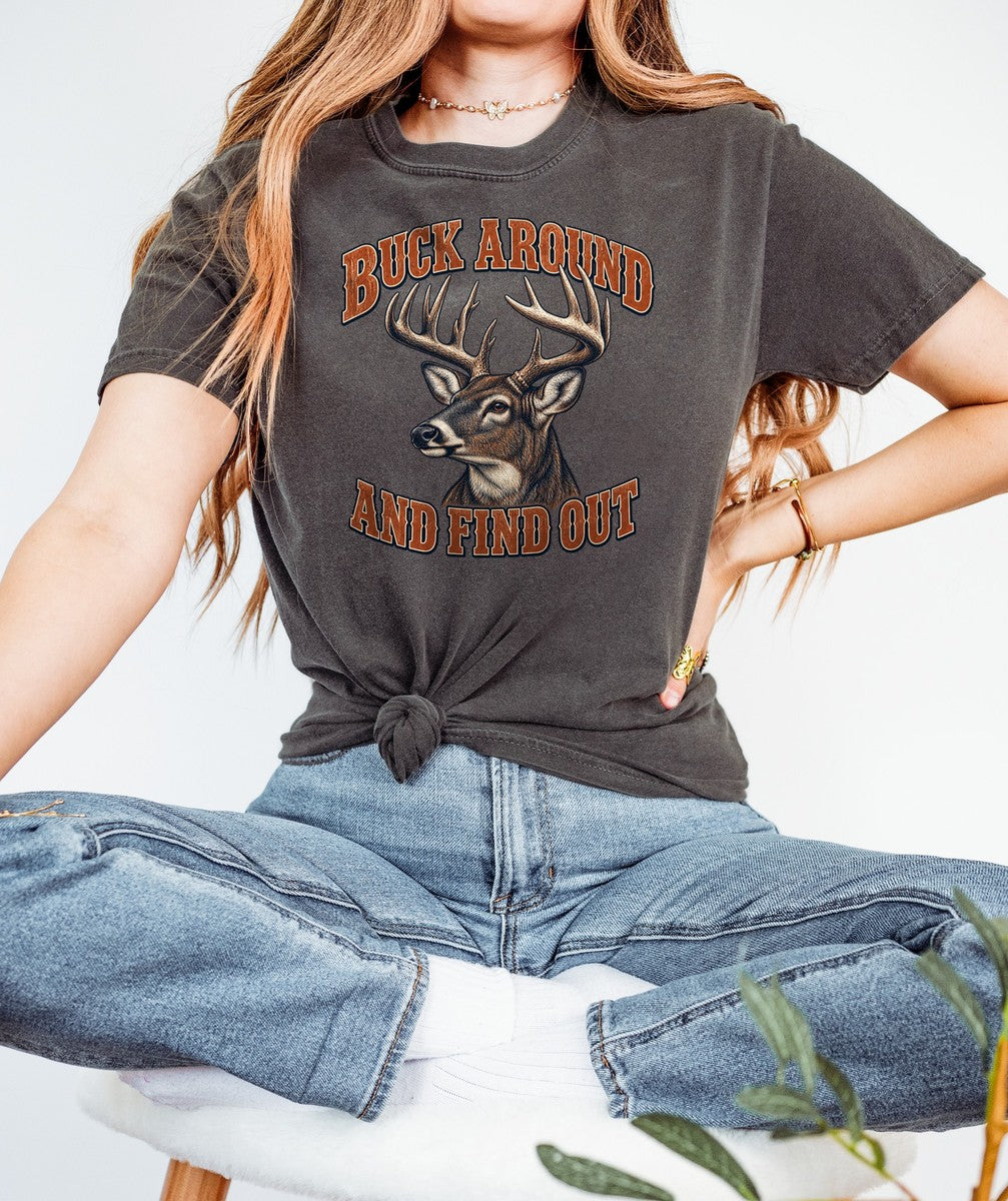 Buck Around and Find Out Orange Bust Deer Tee Funny Hunting  - Comfort Colors tee closeup v4