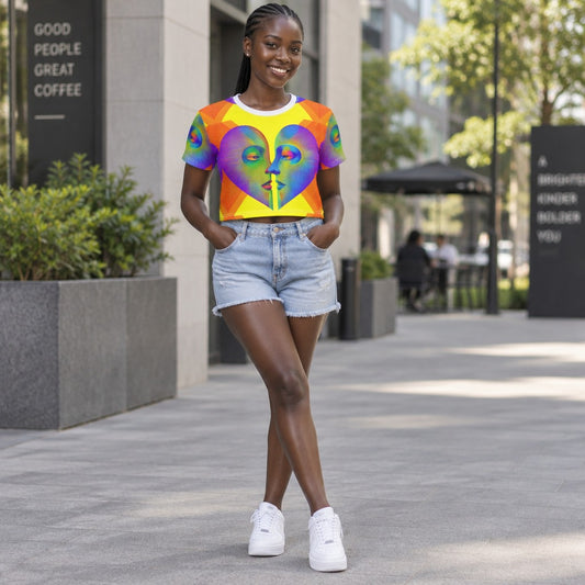 Woman with braids wearing the Abstract Kiss Heart Faces crop tee on a city sidewalk