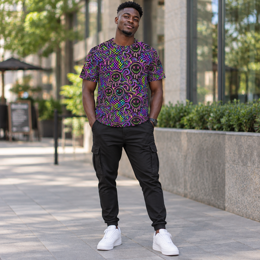 Man wearing Acid Smiley rave tee