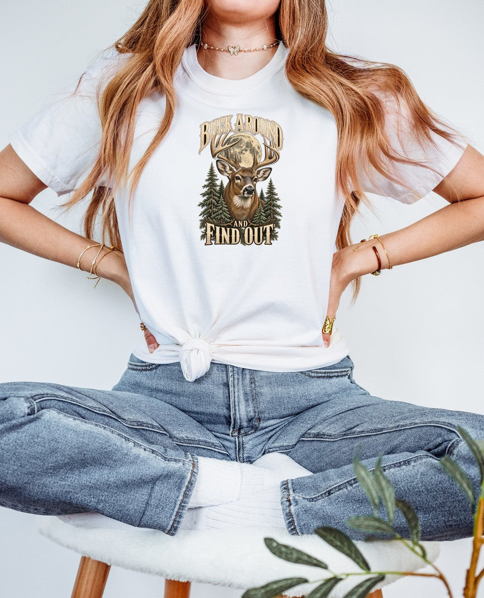 Buck Around and Find Out Moon Pines Deer Tee Funny Hunting F - Comfort Colors tee closeup v4