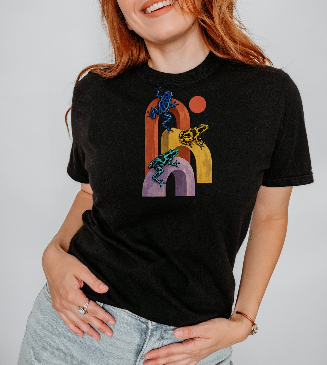 Poison Dart Frogs Colorful Arches Red Sun Tee Midcentury Geo - Comfort Colors tee closeup v4