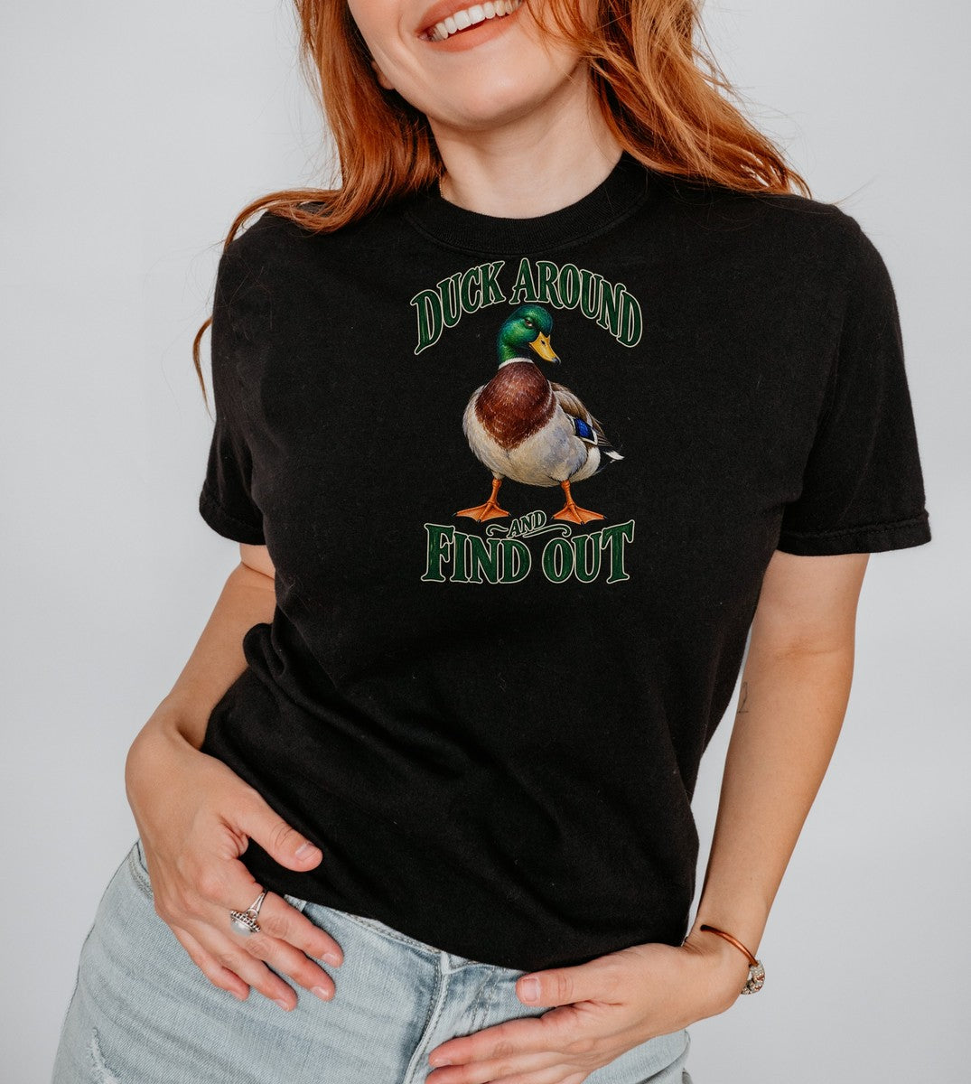 Duck Around and Find Out Green Letter Mallard Tee Funny FAFO - Comfort Colors tee closeup v4b