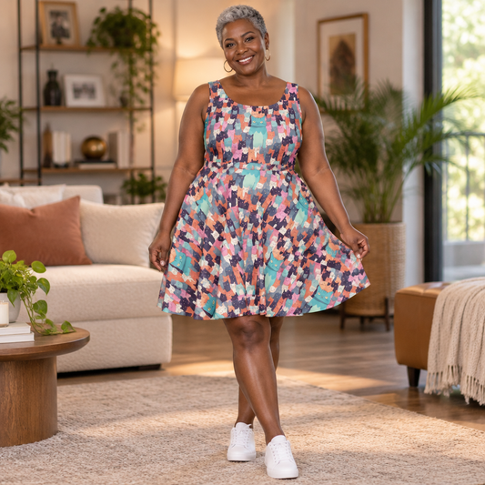Woman wearing the Cat Crowd skater dress, AI model photo