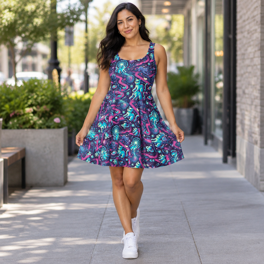 Woman wearing the Cat Maze Pattern skater dress, AI model photo