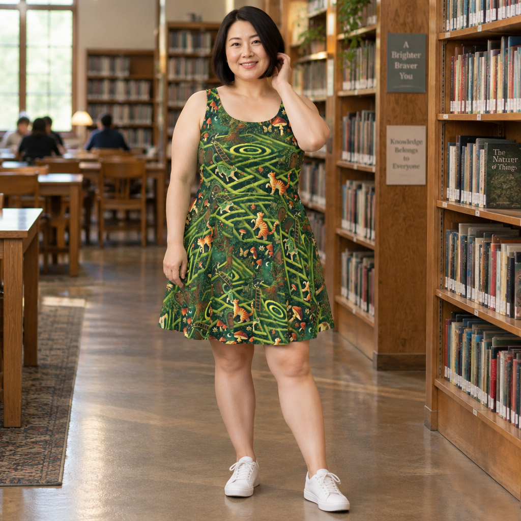 Woman wearing the Cat Maze Print skater dress, AI model photo