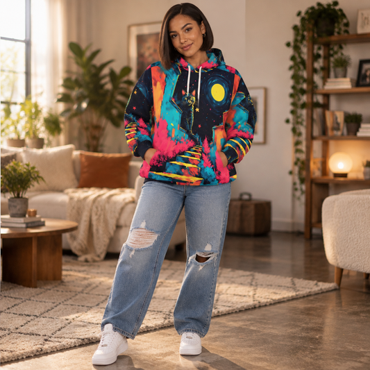 Woman wearing the Cat Moon Stairs hoodie, AI model photo