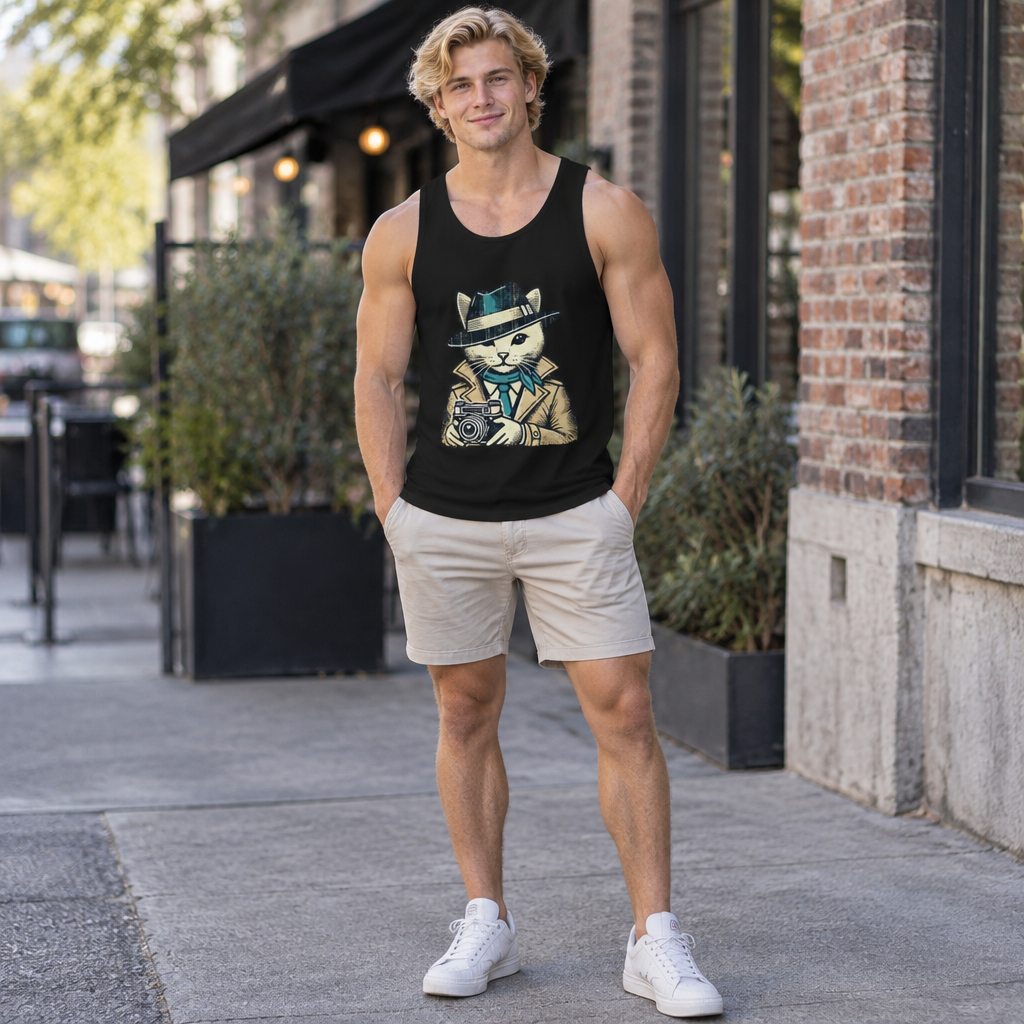 Man wearing the Cat Photographer tank top, AI model photo