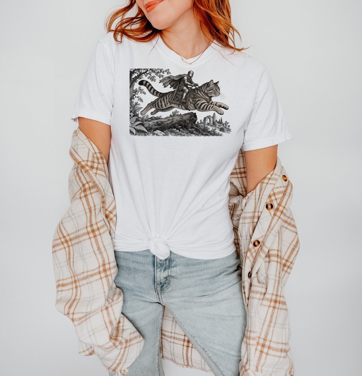Medieval Knight Riding Leaping Tabby Cat Tee Dark Fantasy Mo - Comfort Colors tee closeup v4