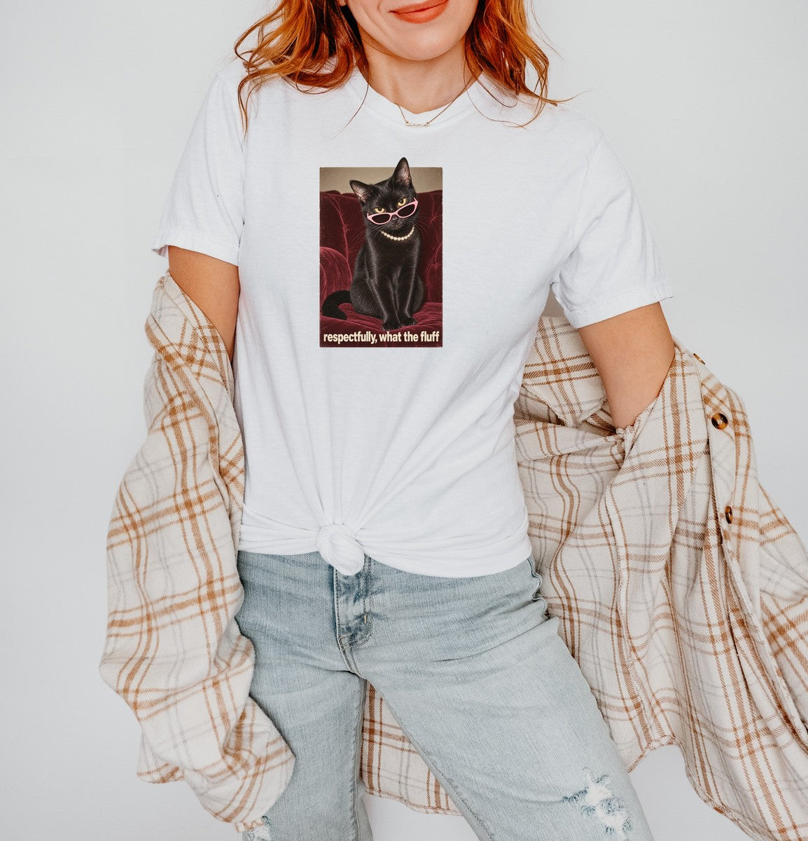 Respectfully What the Fluff Funny Cat Tee Black Cat Sunglass - Comfort Colors tee closeup v4