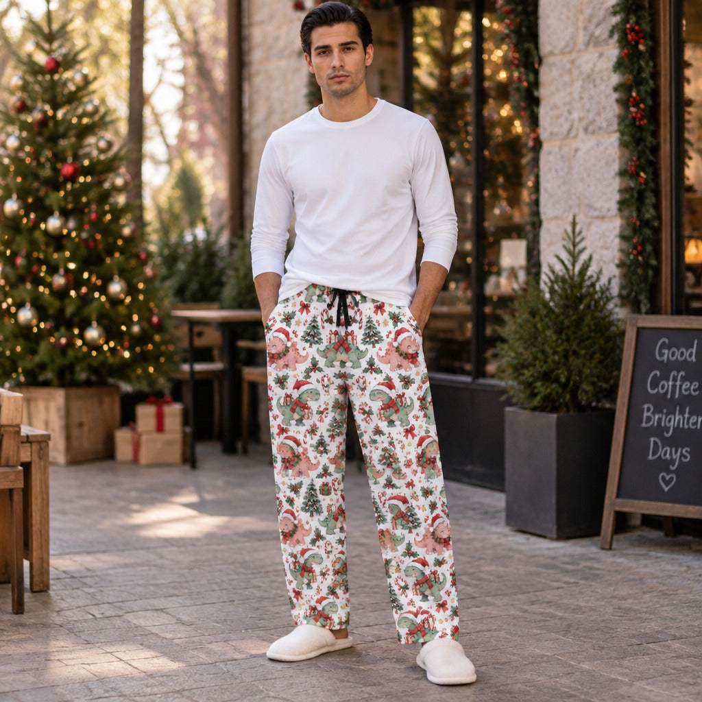 Man wearing Christmas dinosaur print pajama pants with Santa hat dinos and trees