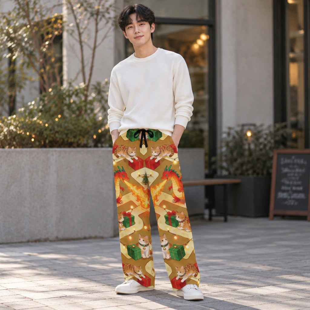 Man wearing Christmas dragon and cats print pajama pants with gifts and string lights