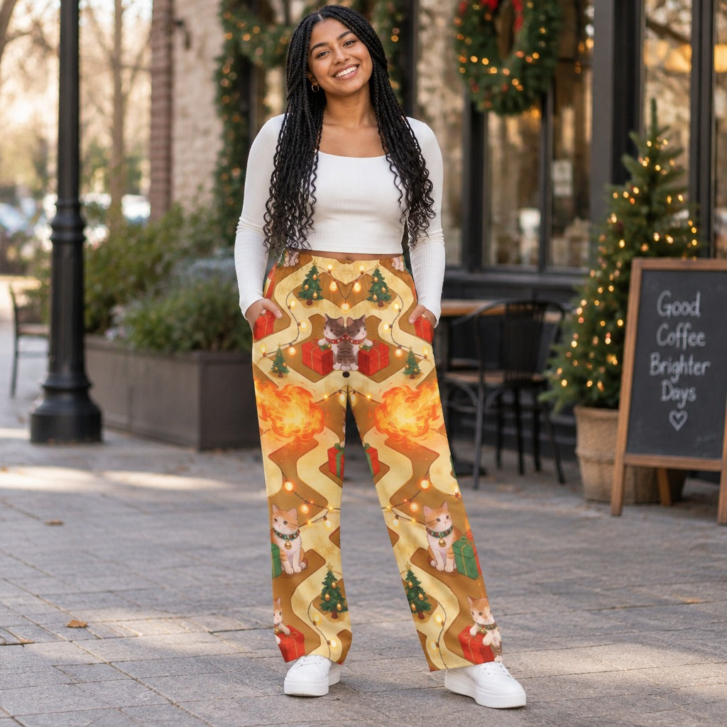 Woman wearing Christmas dragon and cats print pajama pants with gifts and string lights