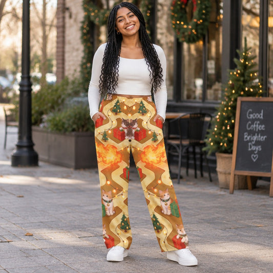 Woman wearing Christmas dragon and cats print pajama pants with gifts and string lights