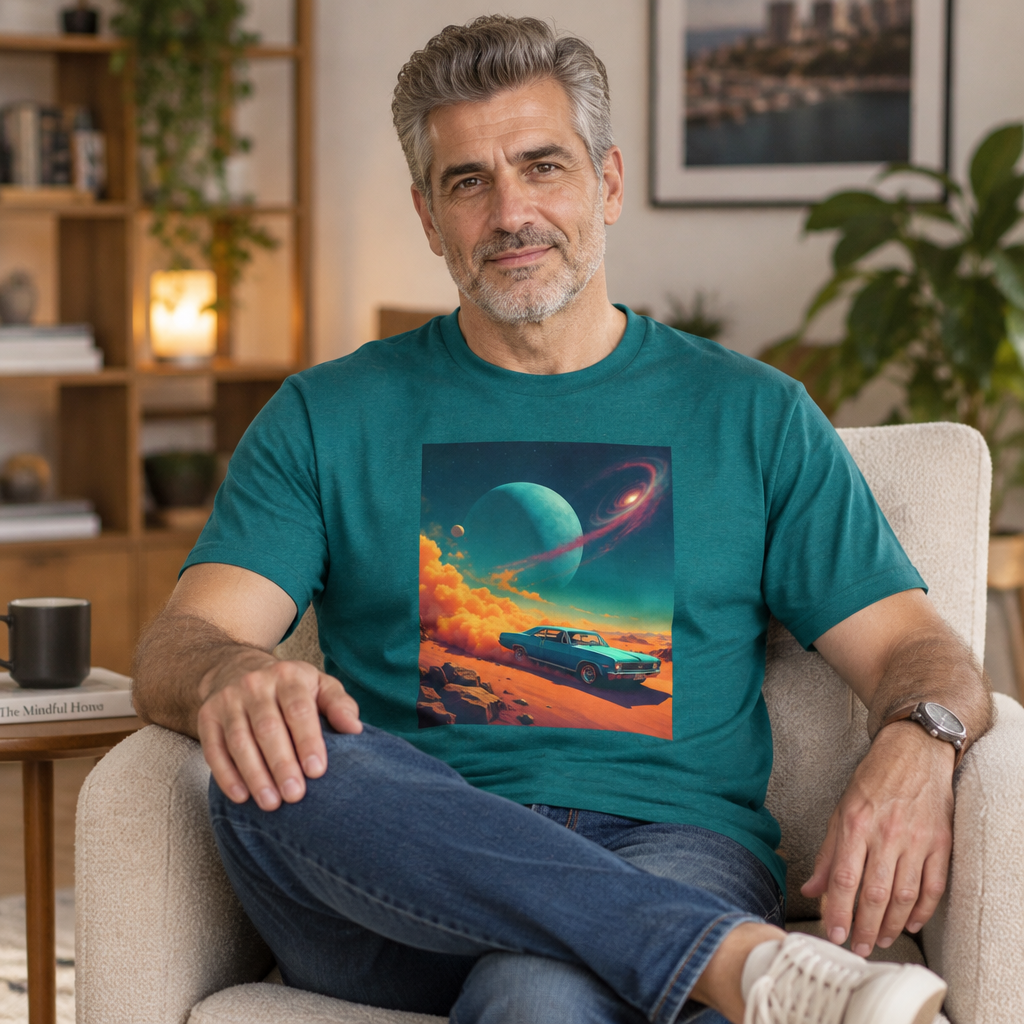 Man wearing the Classic Car Planet tee, AI model photo