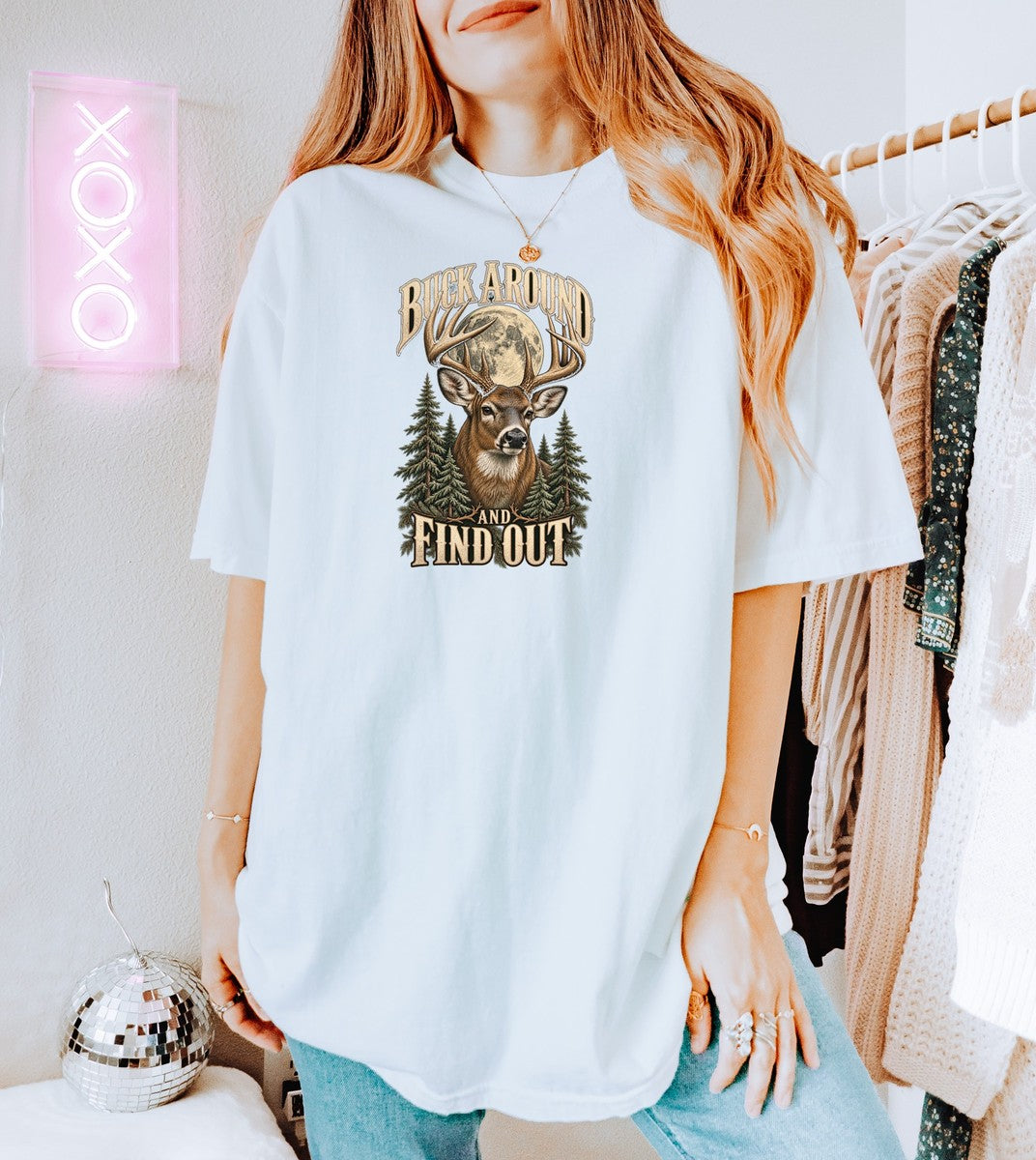 Buck Around and Find Out Moon Pines Deer Tee Funny Hunting F - Comfort Colors tee model v4